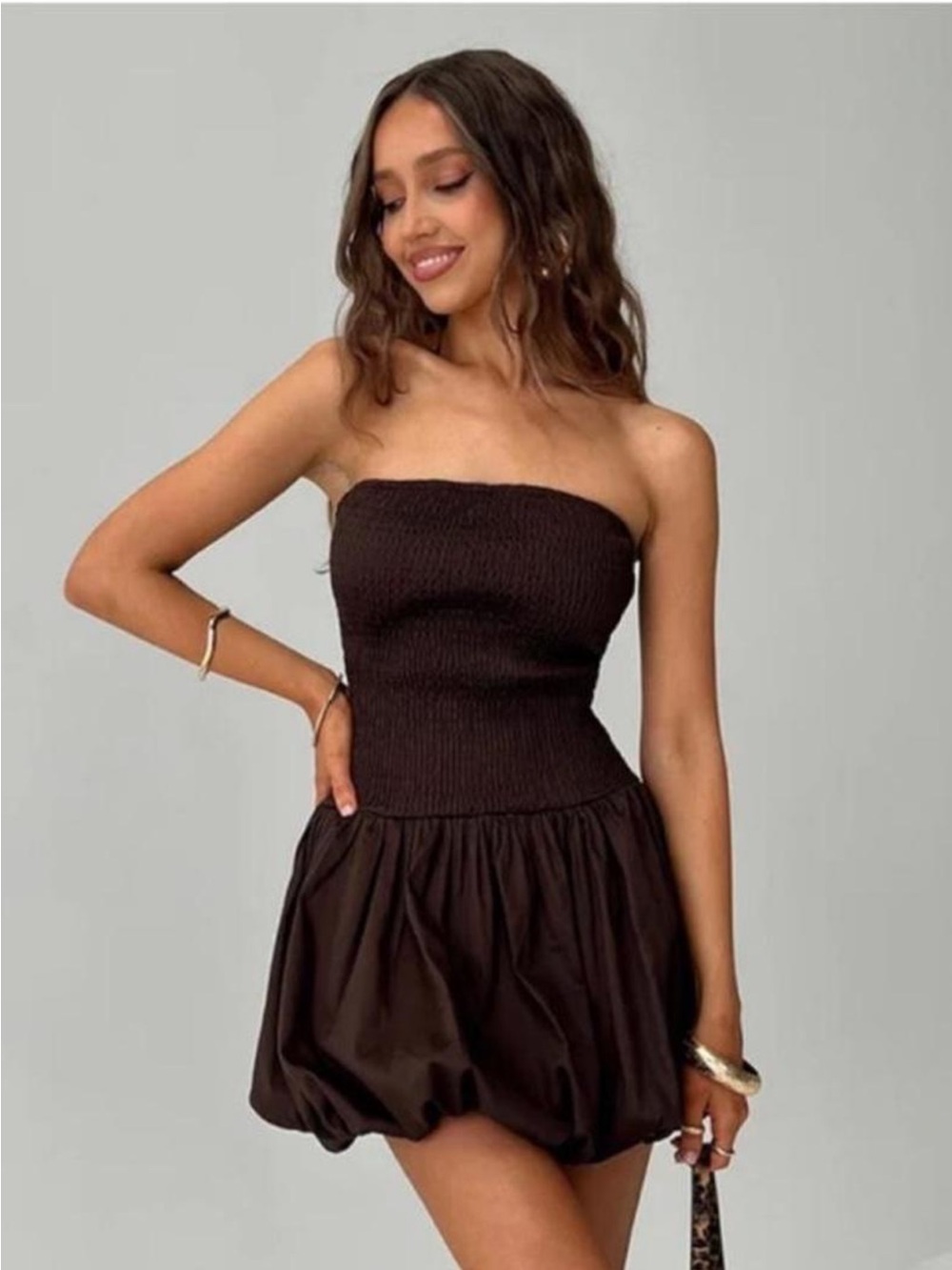 Princess Polly Brown Smocked Bubble Hem Mini Dress